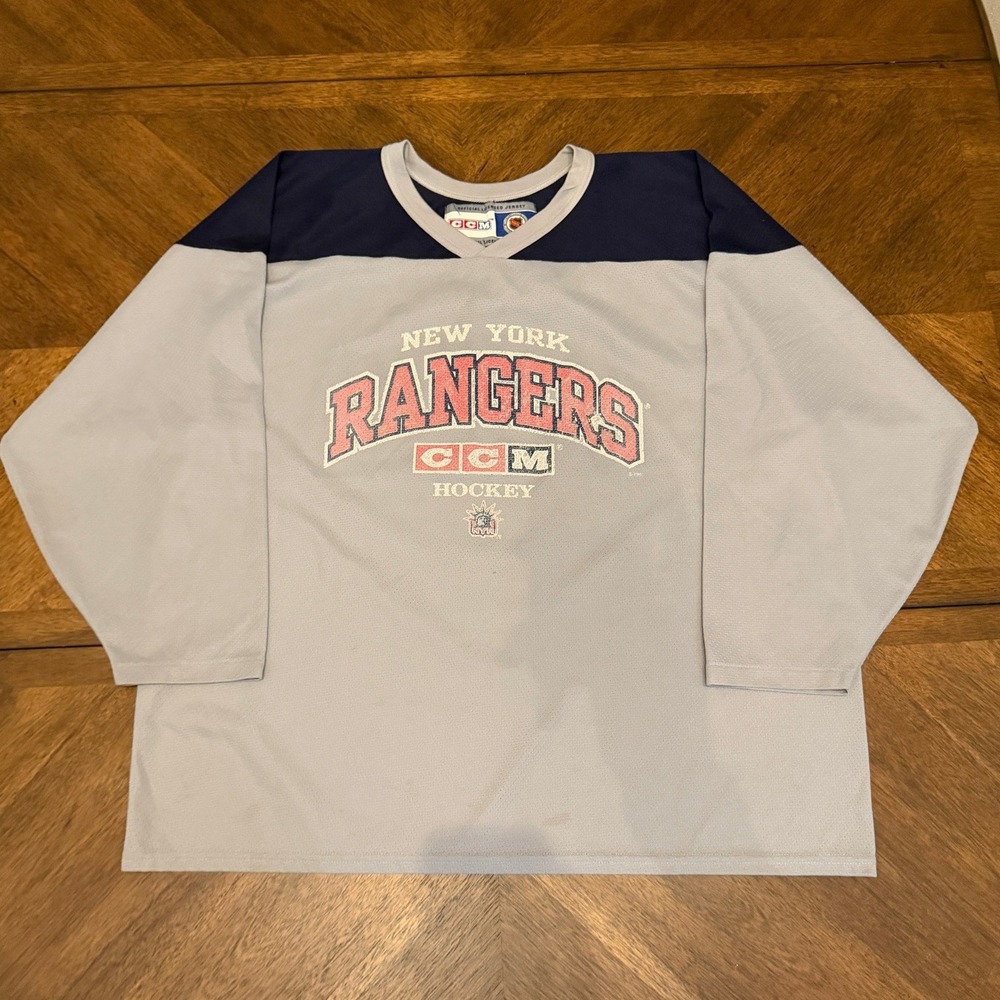 Vintage New York Rangers CCM Hockey Jersey Grey Navy Blue Mesh Shirt NHL Mens L